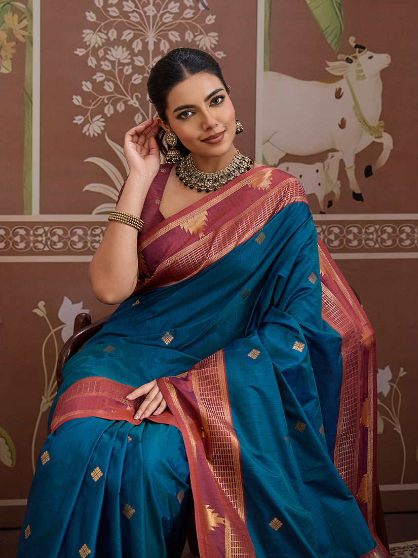 Monjolika Fashion Teal Blue Weaving Work Tussar Silk Festival Contemporary Saree
