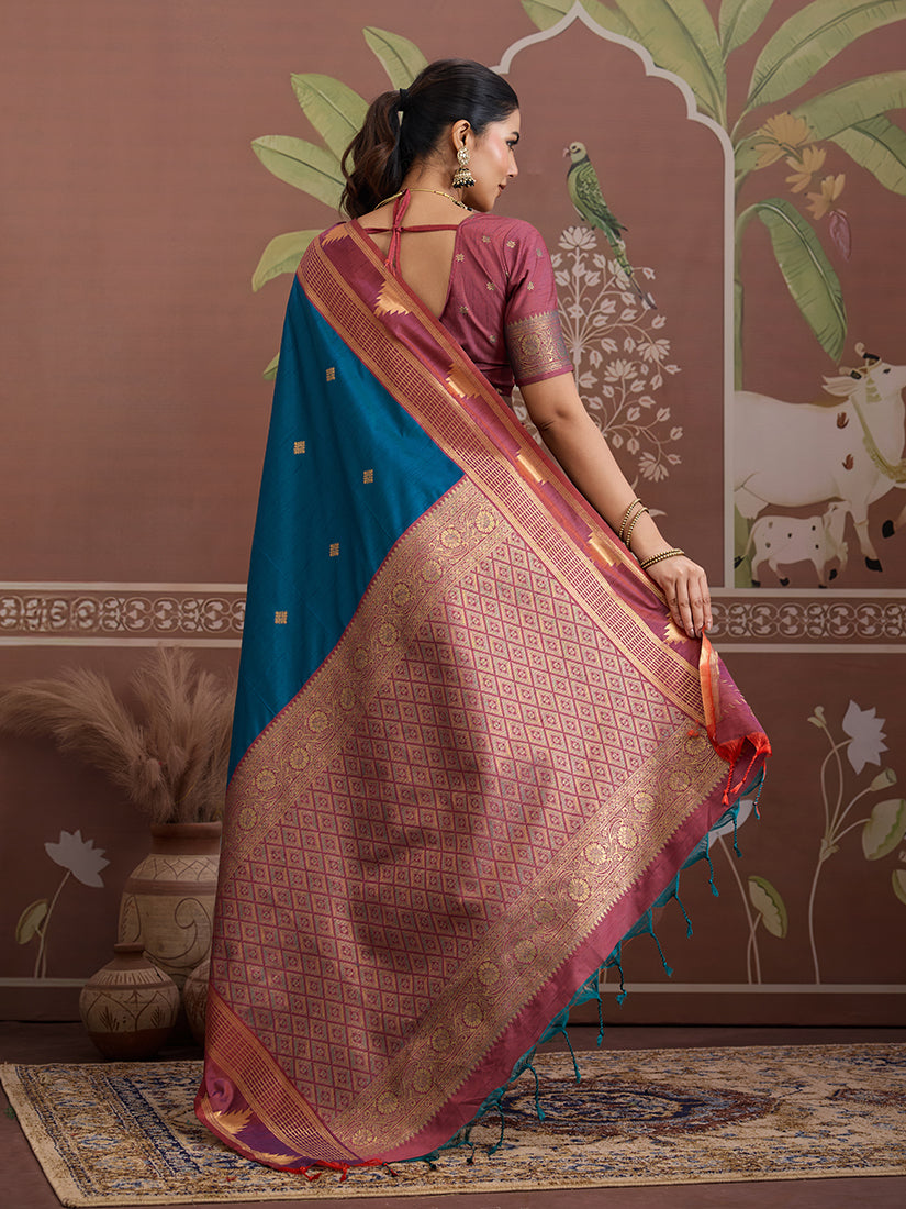 Monjolika Fashion Teal Blue Weaving Work Tussar Silk Festival Contemporary Saree