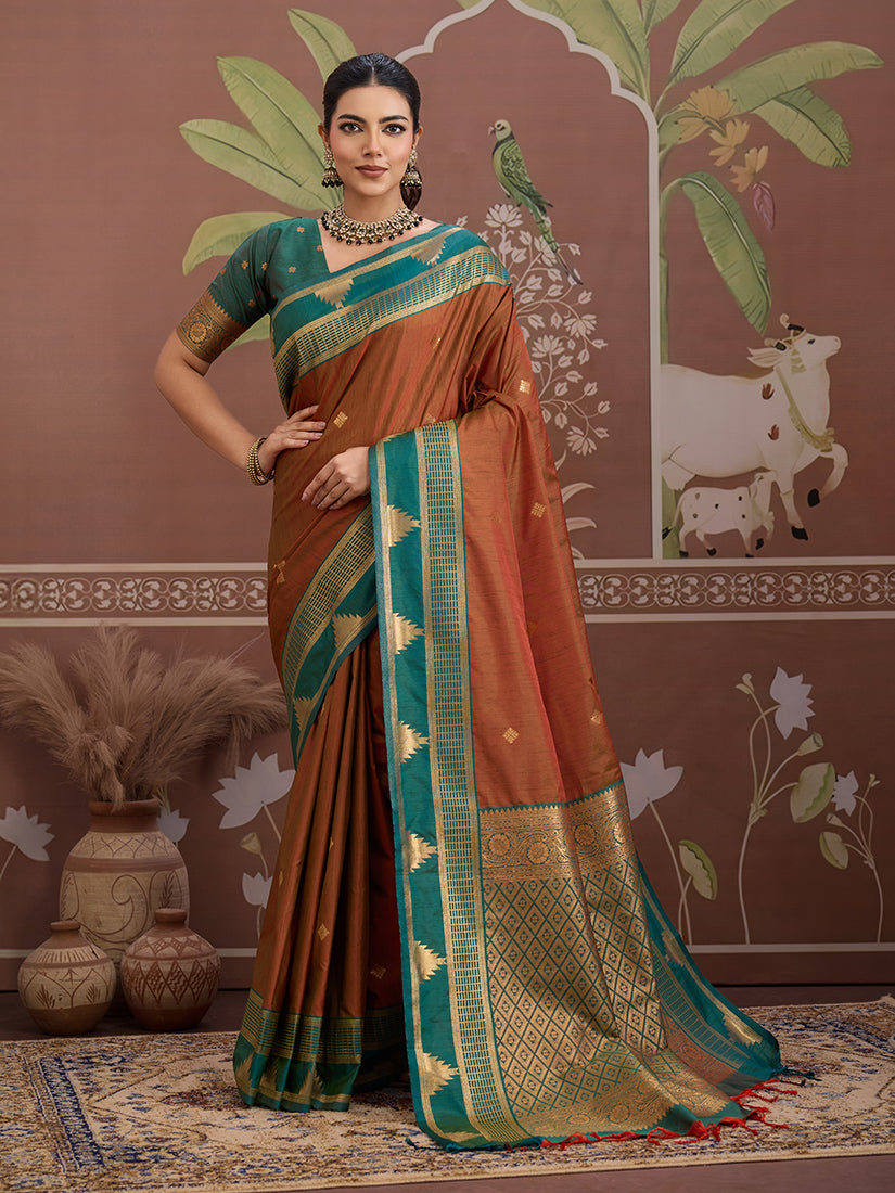 Monjolika Fashion Rust Weaving Work Tussar Silk Festival Contemporary Saree