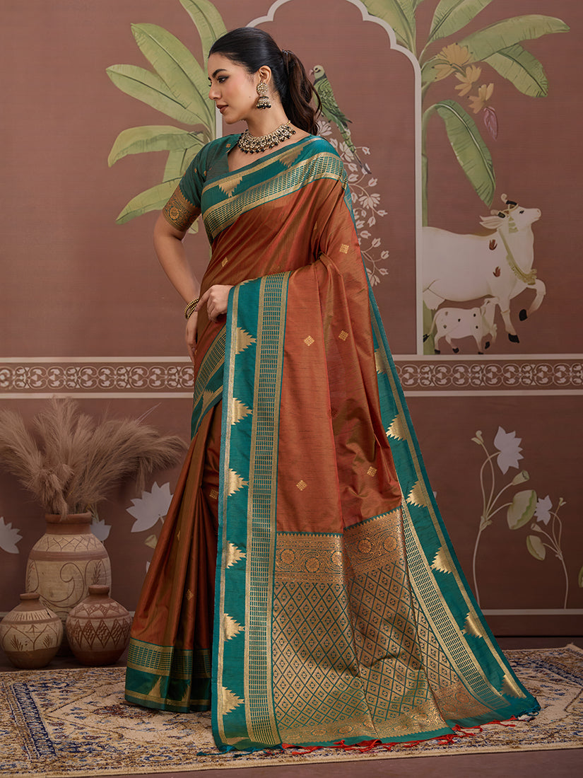Monjolika Fashion Rust Weaving Work Tussar Silk Festival Contemporary Saree