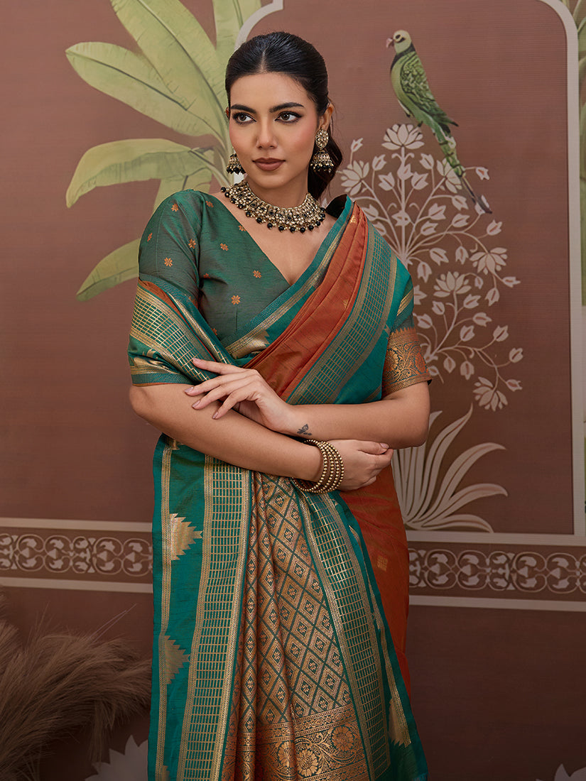 Monjolika Fashion Rust Weaving Work Tussar Silk Festival Contemporary Saree