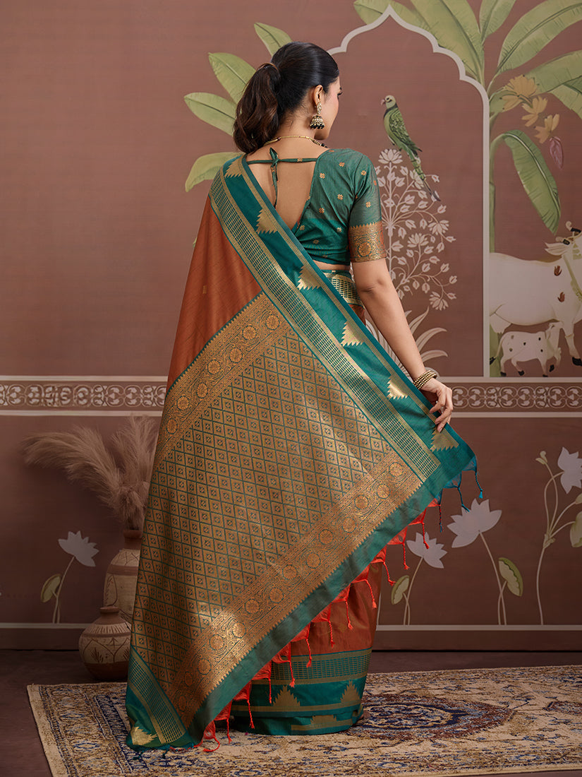 Monjolika Fashion Rust Weaving Work Tussar Silk Festival Contemporary Saree