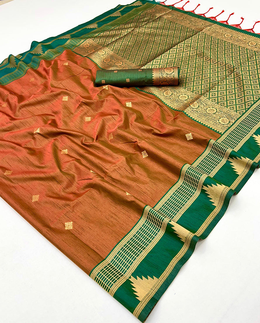 Monjolika Fashion Rust Weaving Work Tussar Silk Festival Contemporary Saree