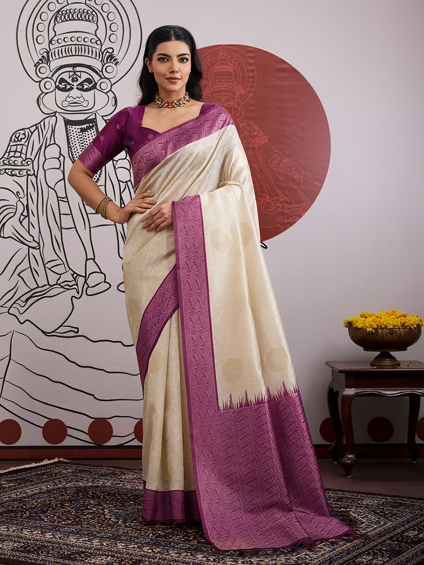 Monjolika Fashion Cream And Wine Handloom Silk Blend Festival Trendy Saree