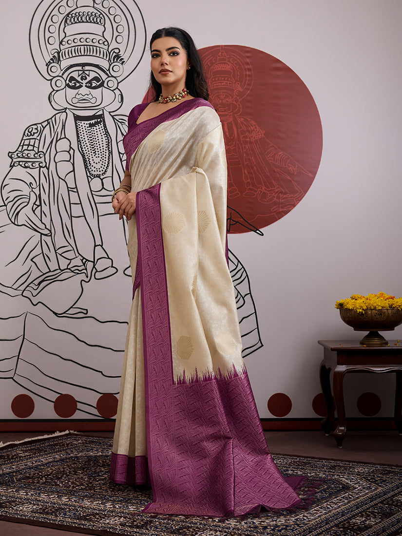 Monjolika Fashion Cream And Wine Handloom Silk Blend Festival Trendy Saree