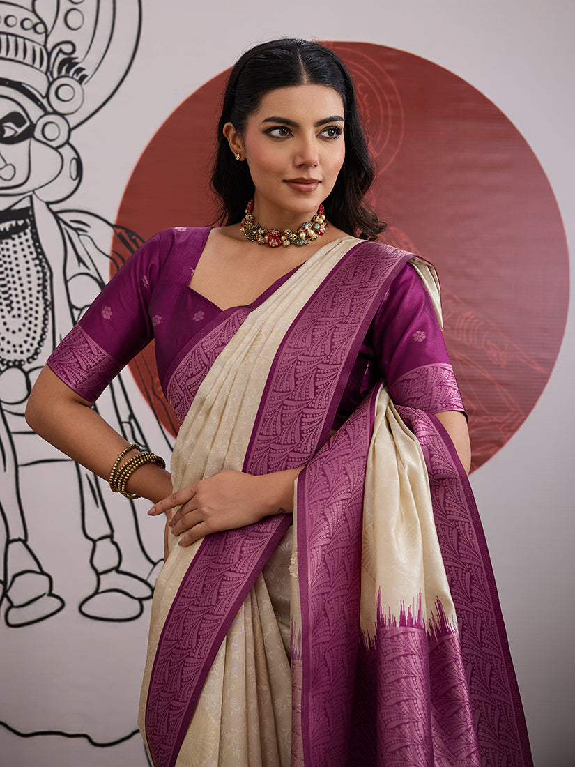 Monjolika Fashion Cream And Wine Handloom Silk Blend Festival Trendy Saree