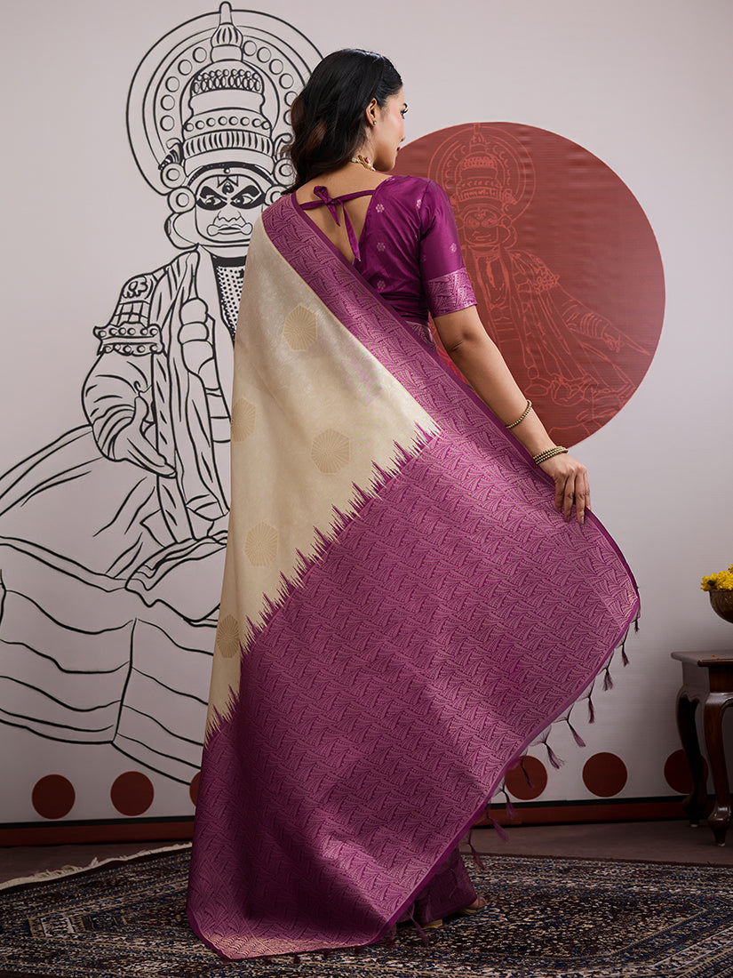 Monjolika Fashion Cream And Wine Handloom Silk Blend Festival Trendy Saree