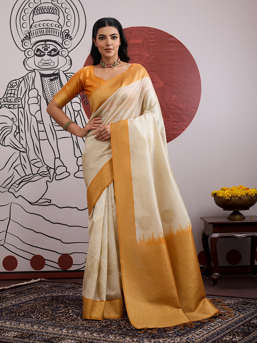 Monjolika Fashion Cream And Orange Handloom Weaving Silk Blend Festival Trendy Saree
