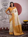Monjolika Fashion Cream And Orange Handloom Weaving Silk Blend Festival Trendy Saree