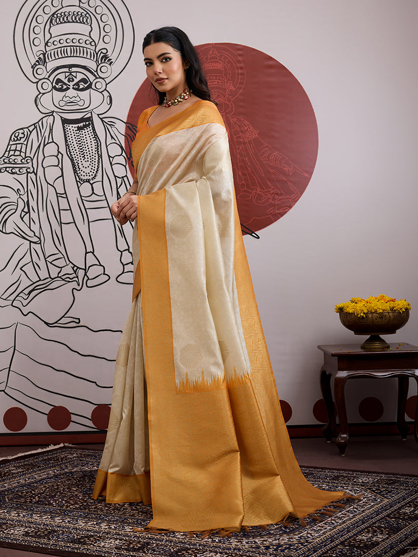 Monjolika Fashion Cream And Orange Handloom Weaving Silk Blend Festival Trendy Saree
