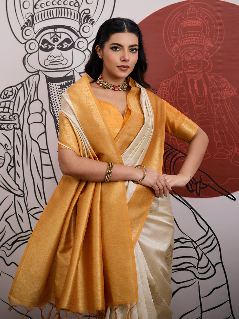 Monjolika Fashion Cream And Orange Handloom Weaving Silk Blend Festival Trendy Saree