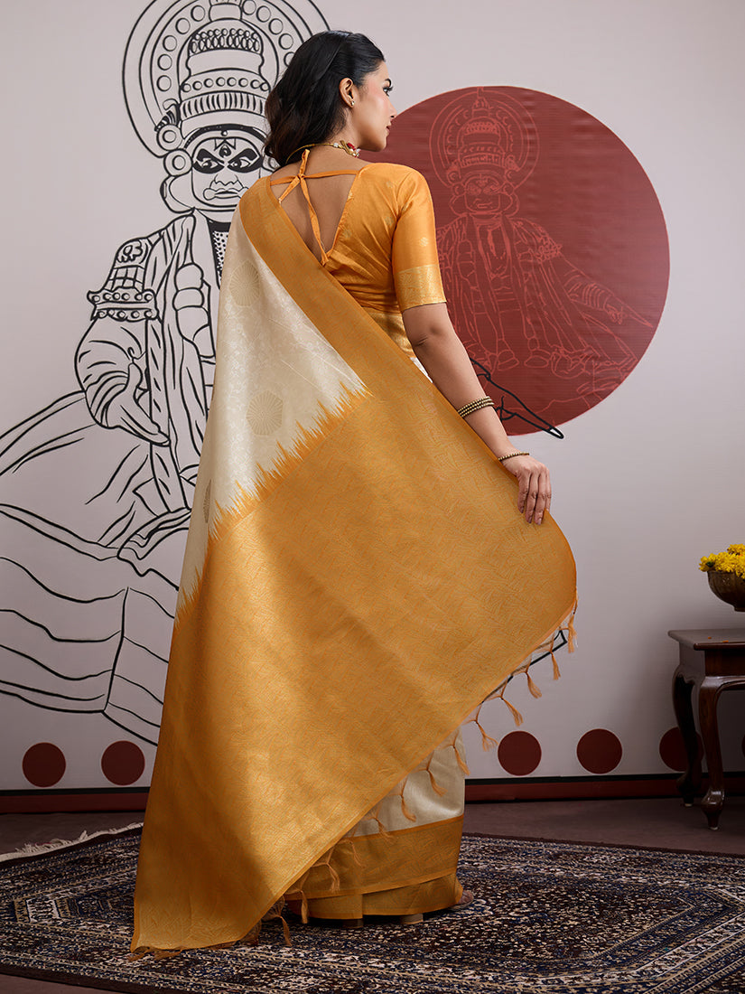 Monjolika Fashion Cream And Orange Handloom Weaving Silk Blend Festival Trendy Saree