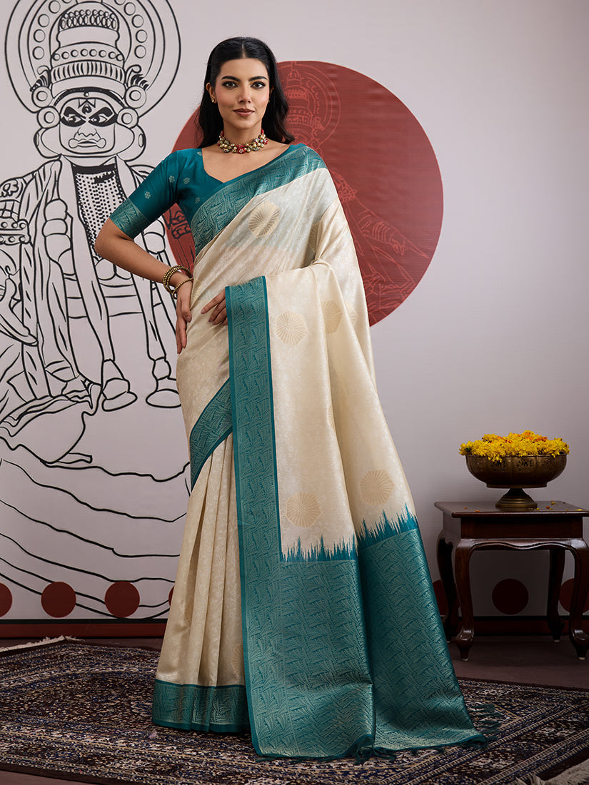 Monjolika Fashion Cream And Teal Handloom Weaving Silk Blend Festival Trendy Saree