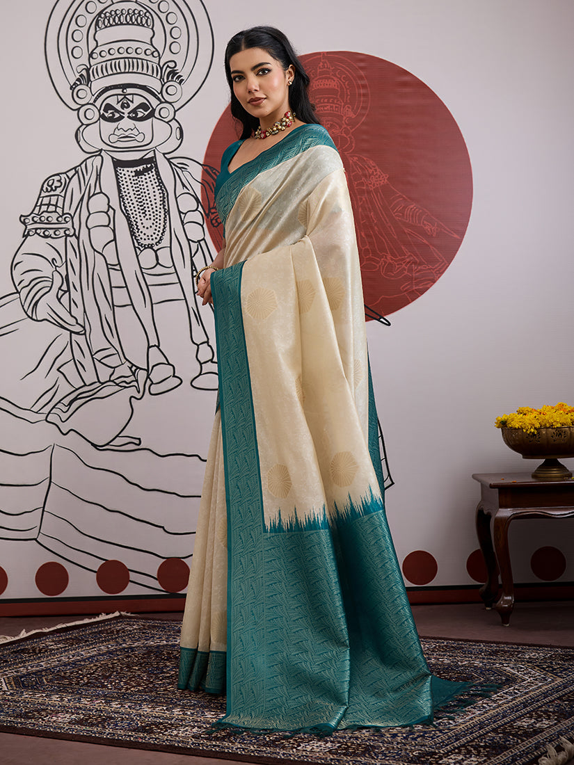 Monjolika Fashion Cream And Teal Handloom Weaving Silk Blend Festival Trendy Saree