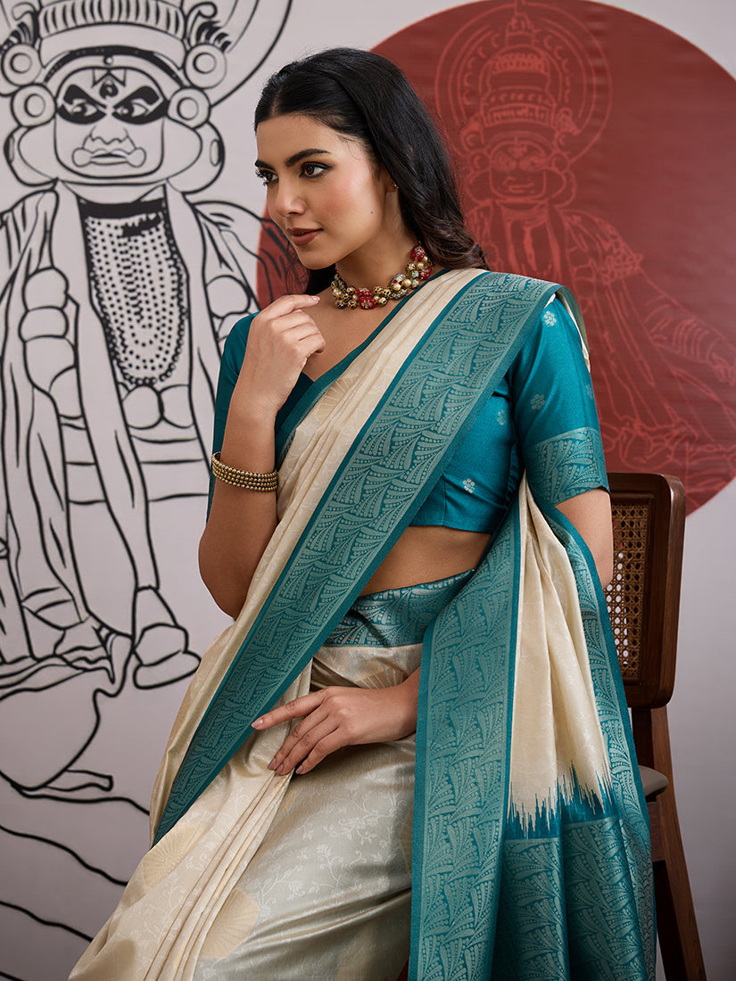 Monjolika Fashion Cream And Teal Handloom Weaving Silk Blend Festival Trendy Saree