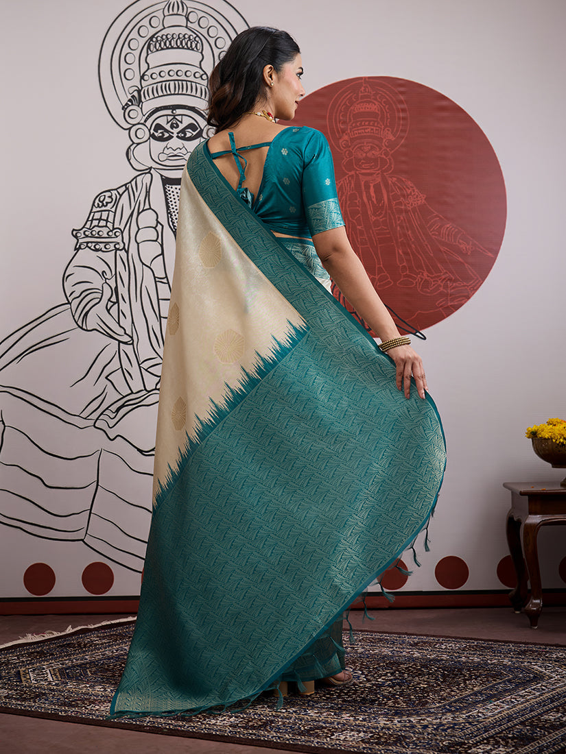 Monjolika Fashion Cream And Teal Handloom Weaving Silk Blend Festival Trendy Saree