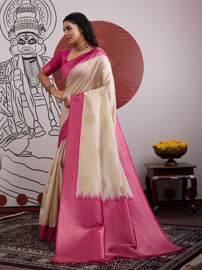 Monjolika Fashion Cream And Rani Pink Handloom Weaving Silk Blend Festival Trendy Saree