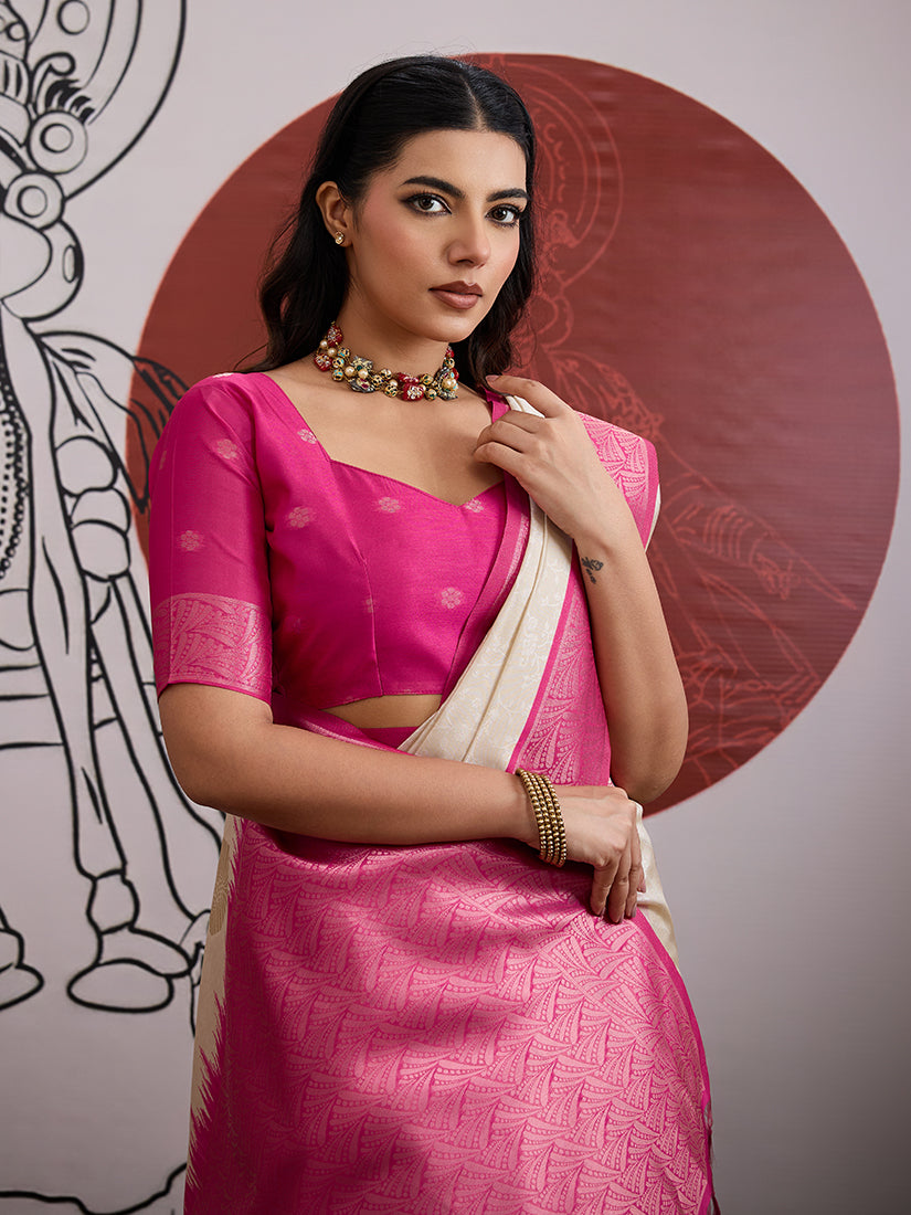Monjolika Fashion Cream And Rani Pink Handloom Weaving Silk Blend Festival Trendy Saree
