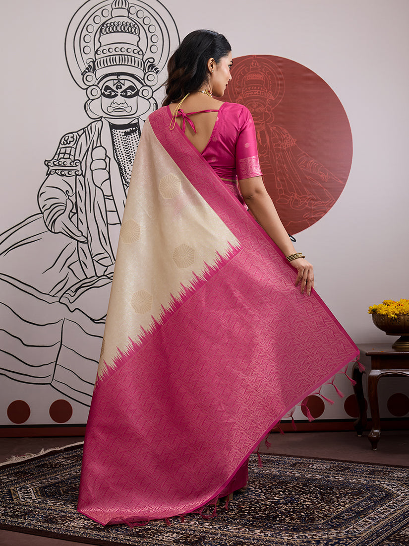 Monjolika Fashion Cream And Rani Pink Handloom Weaving Silk Blend Festival Trendy Saree