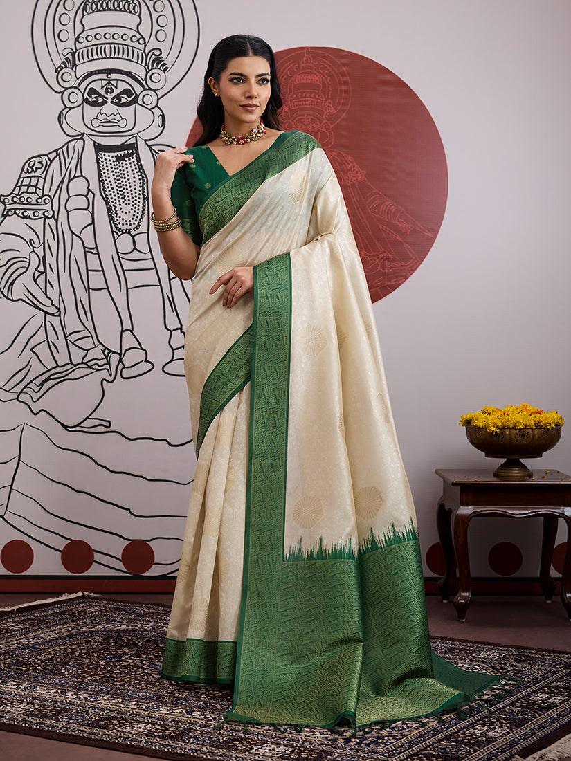 Monjolika Fashion Cream And Green Handloom Weaving Silk Blend Festival Trendy Saree