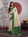 Monjolika Fashion Cream And Green Handloom Weaving Silk Blend Festival Trendy Saree