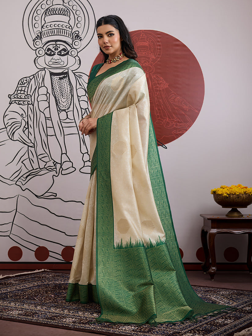 Monjolika Fashion Cream And Green Handloom Weaving Silk Blend Festival Trendy Saree