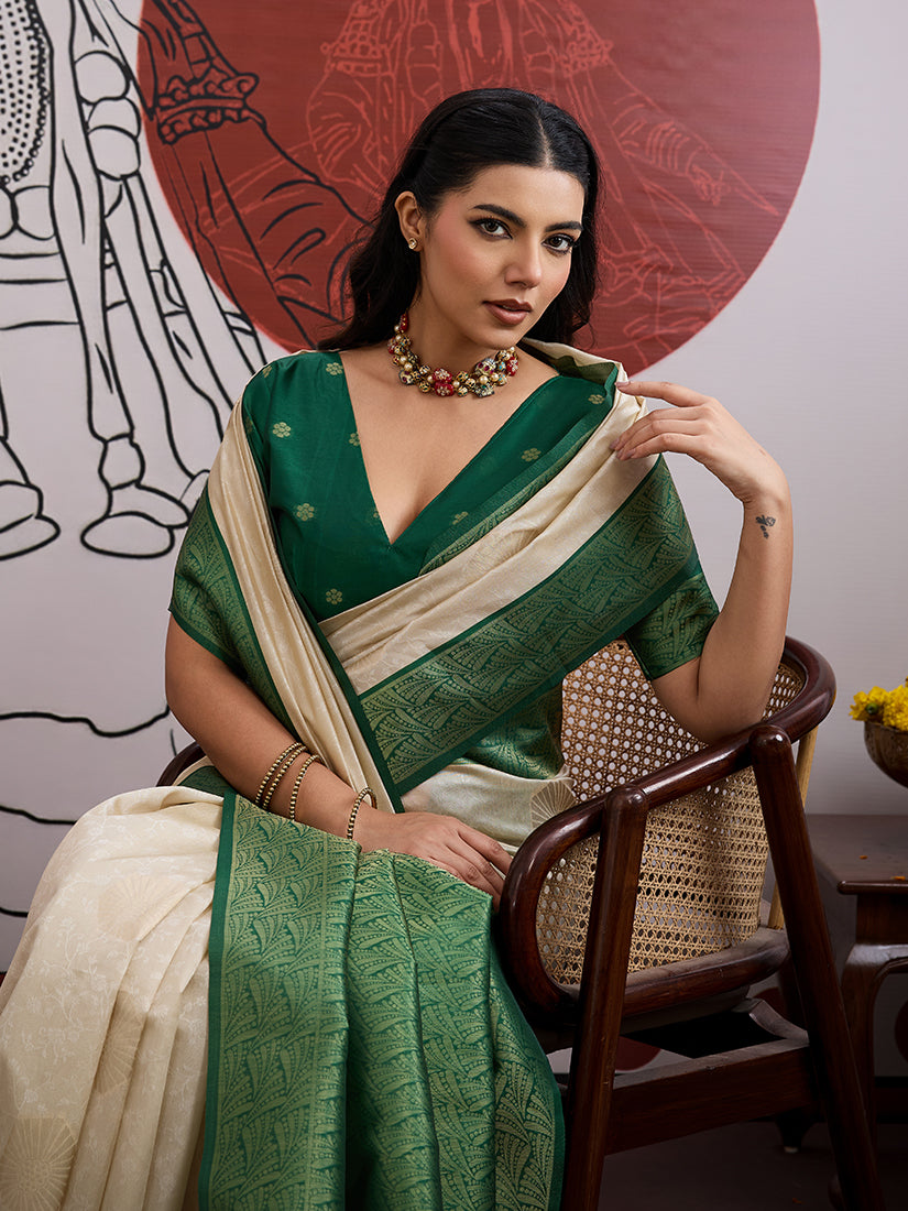 Monjolika Fashion Cream And Green Handloom Weaving Silk Blend Festival Trendy Saree