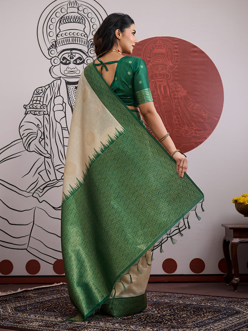 Monjolika Fashion Cream And Green Handloom Weaving Silk Blend Festival Trendy Saree