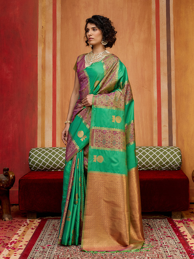 Monjolika Fashion Multi Colour Handloom Silk Blend Contemporary Saree With Weaving Work