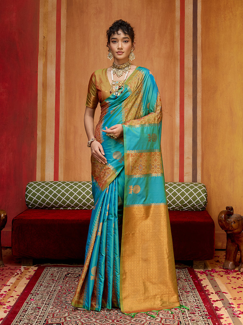 Monjolika Fashion Multi Colour Handloom Silk Blend Contemporary Saree With Weaving Work