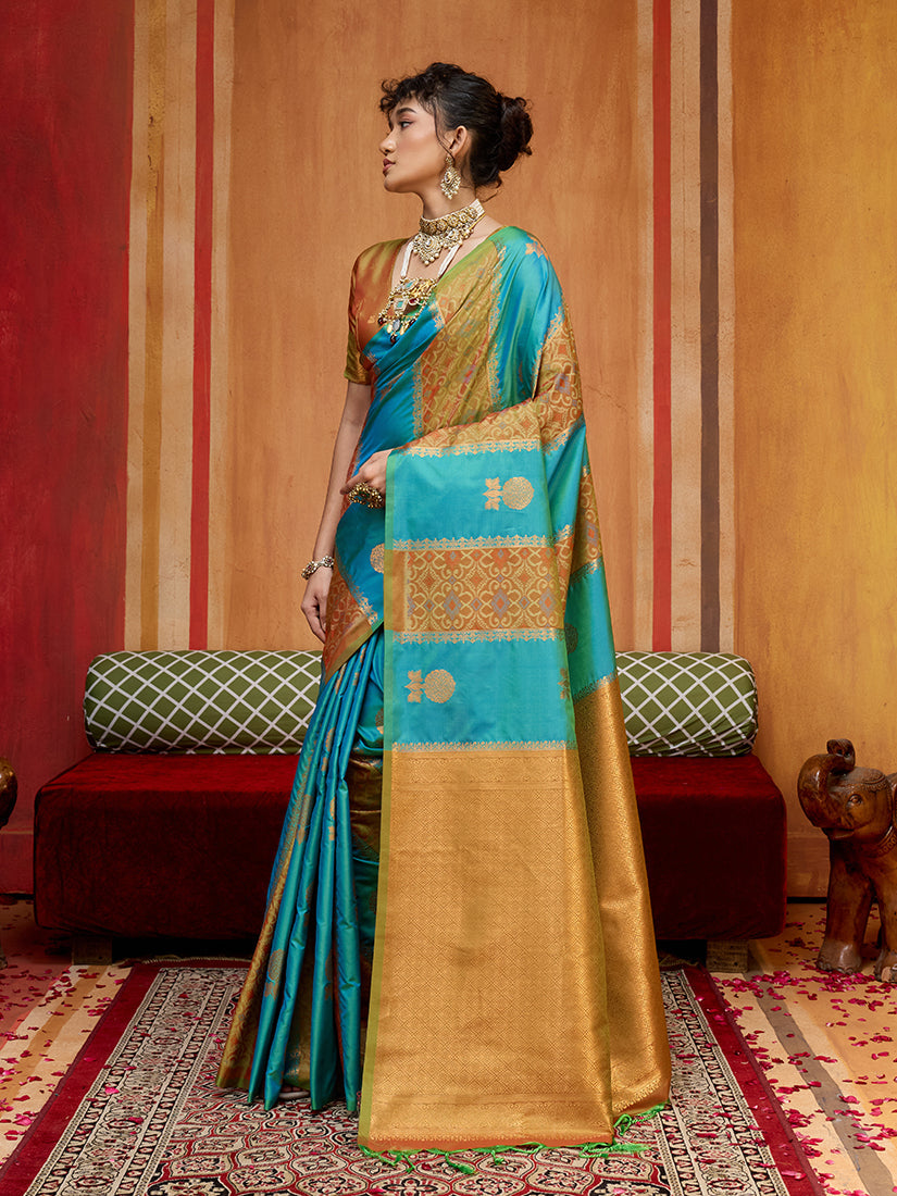 Monjolika Fashion Multi Colour Handloom Silk Blend Contemporary Saree With Weaving Work