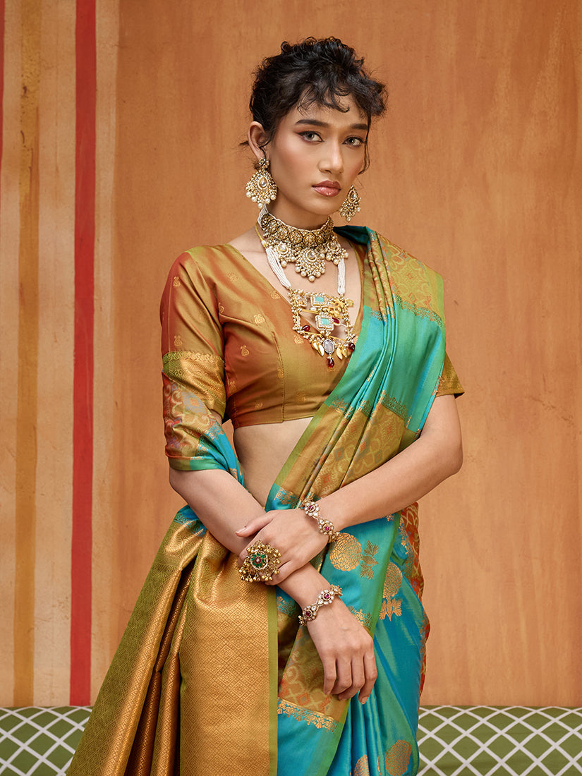 Monjolika Fashion Multi Colour Handloom Silk Blend Contemporary Saree With Weaving Work