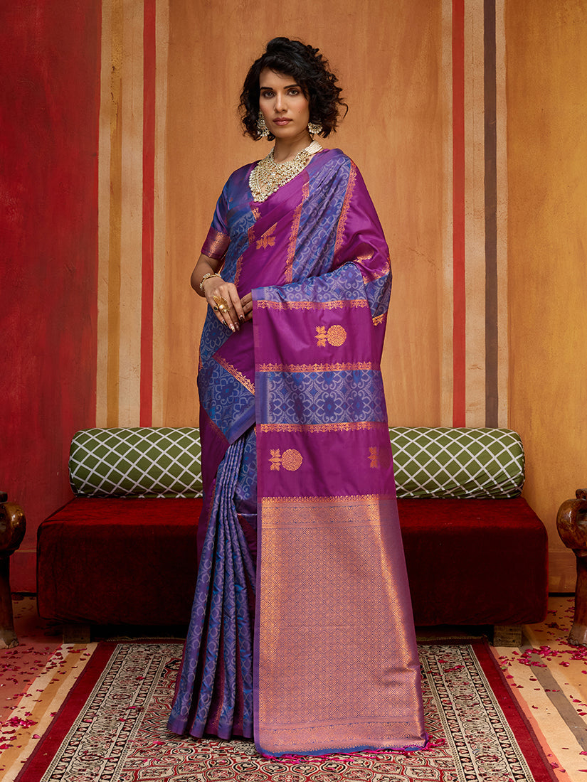 Monjolika Fashion Multi Colour Handloom Silk Blend Contemporary Saree With Weaving Work