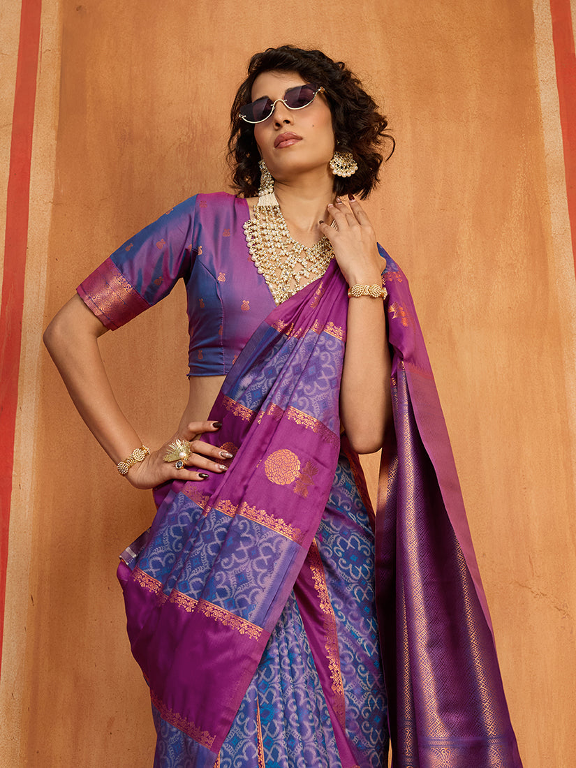 Monjolika Fashion Multi Colour Handloom Silk Blend Contemporary Saree With Weaving Work