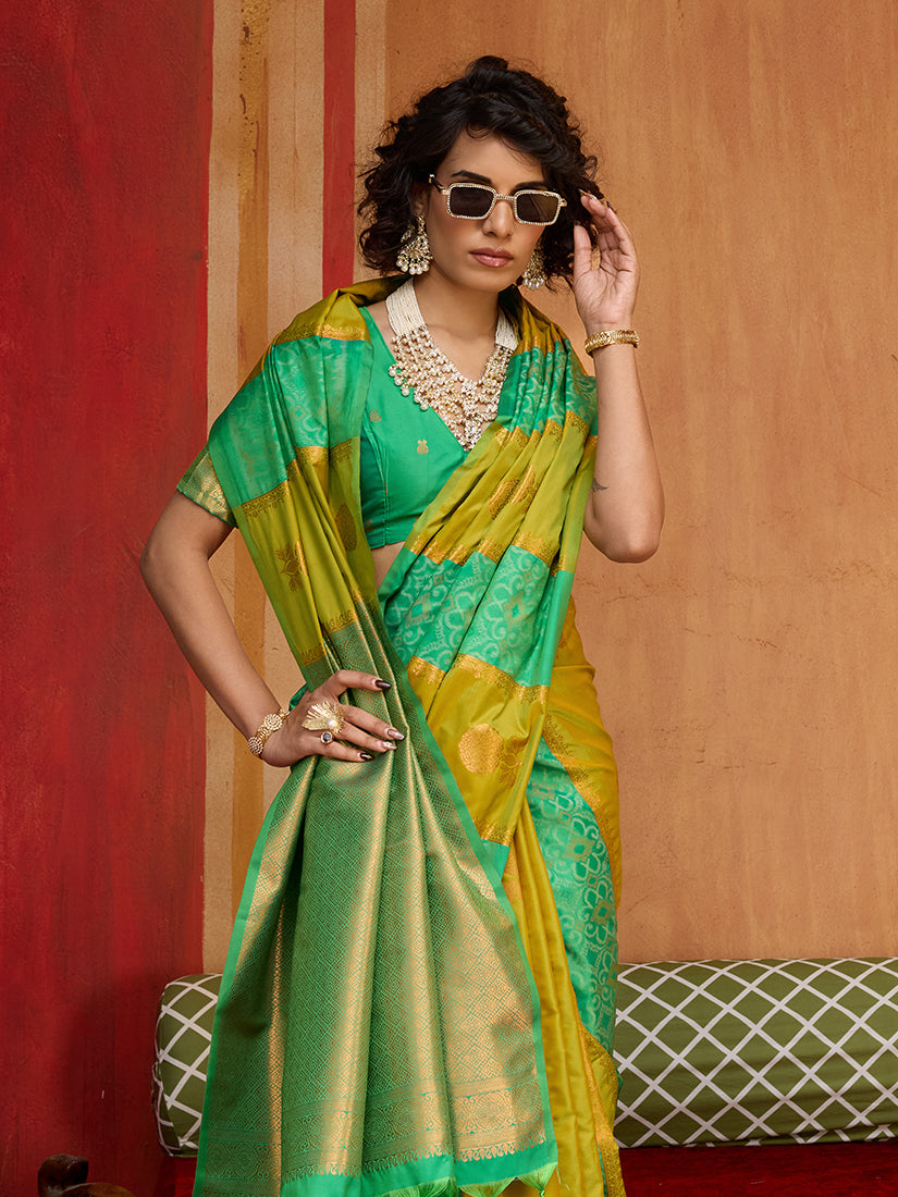 Monjolika Fashion Multi Colour Handloom Silk Blend Contemporary Saree With Weaving Work