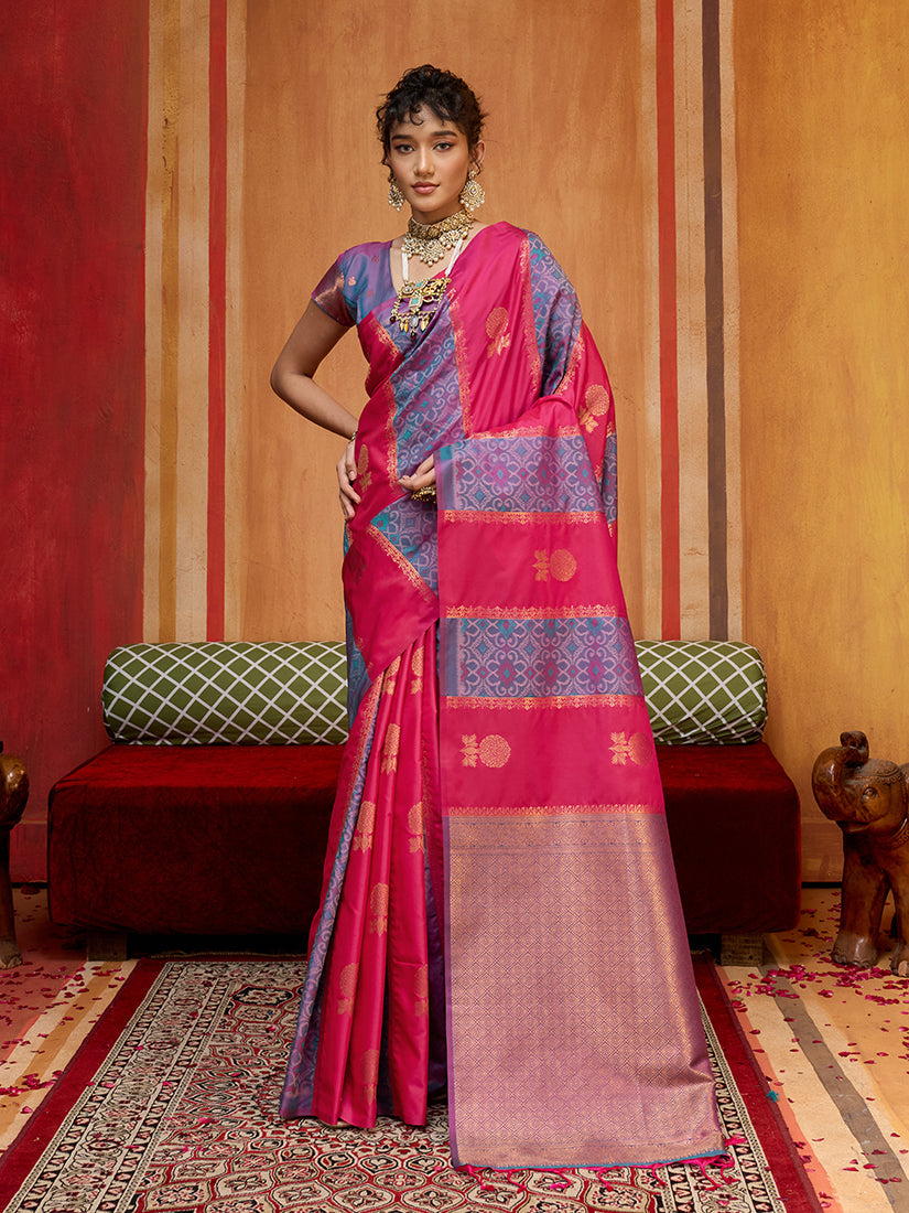 Monjolika Fashion Multi Colour Handloom Silk Blend Contemporary Saree With Weaving Work
