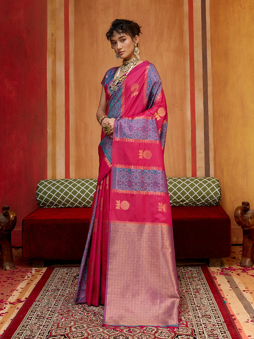 Monjolika Fashion Multi Colour Handloom Silk Blend Contemporary Saree With Weaving Work