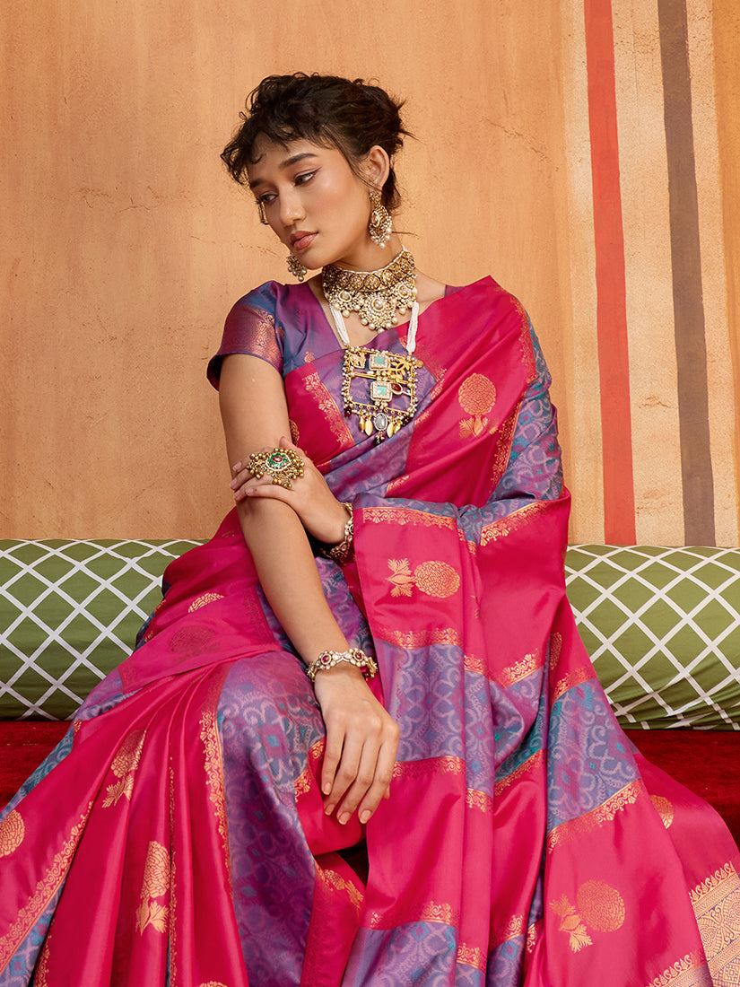Monjolika Fashion Multi Colour Handloom Silk Blend Contemporary Saree With Weaving Work