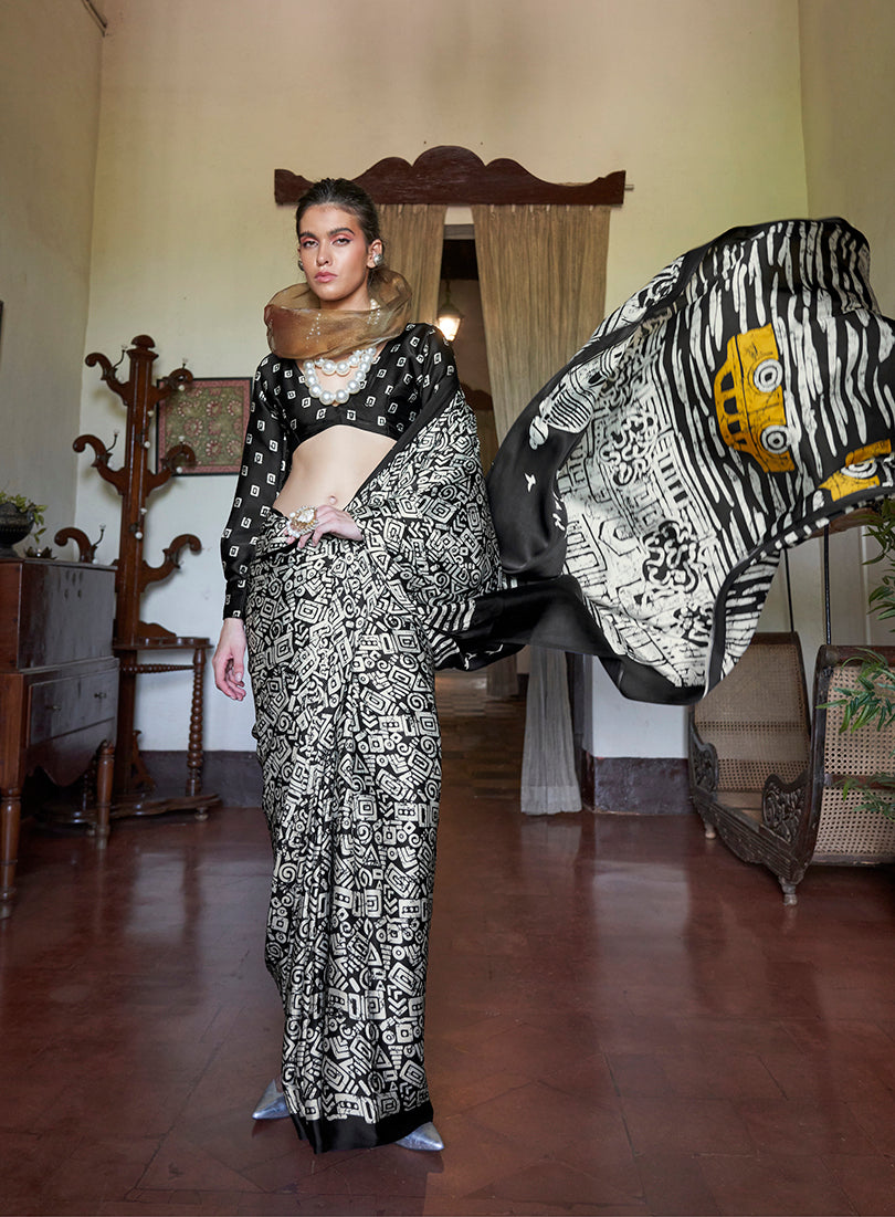Monjolika Fashion Satin Printed Black Casual Saree