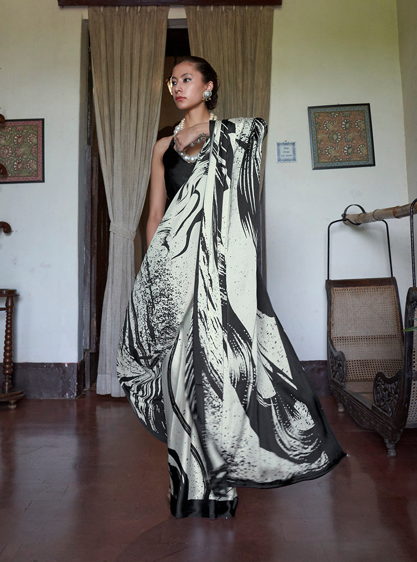 Monjolika Fashion Satin Printed Black And White Casual Saree