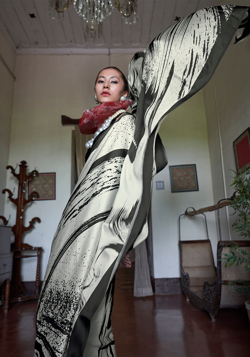 Monjolika Fashion Satin Printed Black And White Casual Saree