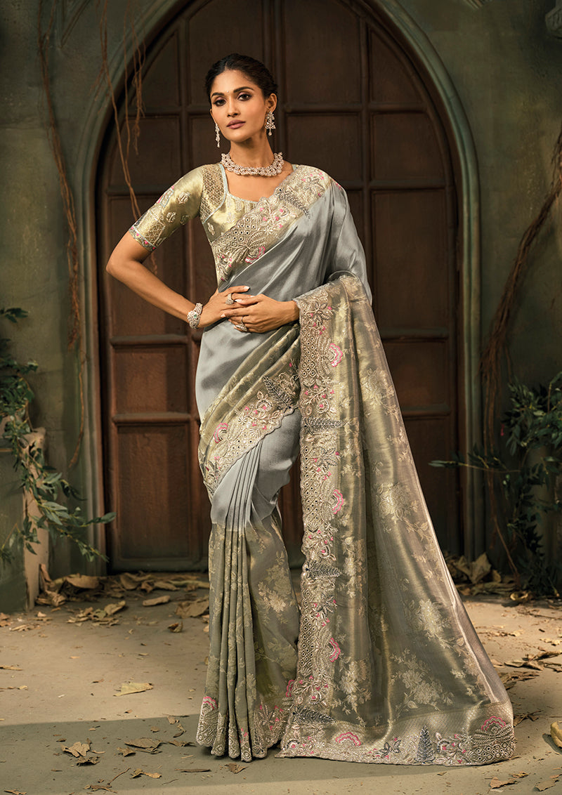 Monjolika Fashion Grey Silk Blend Saree With Embroidered Jari And Cut-Dana Work