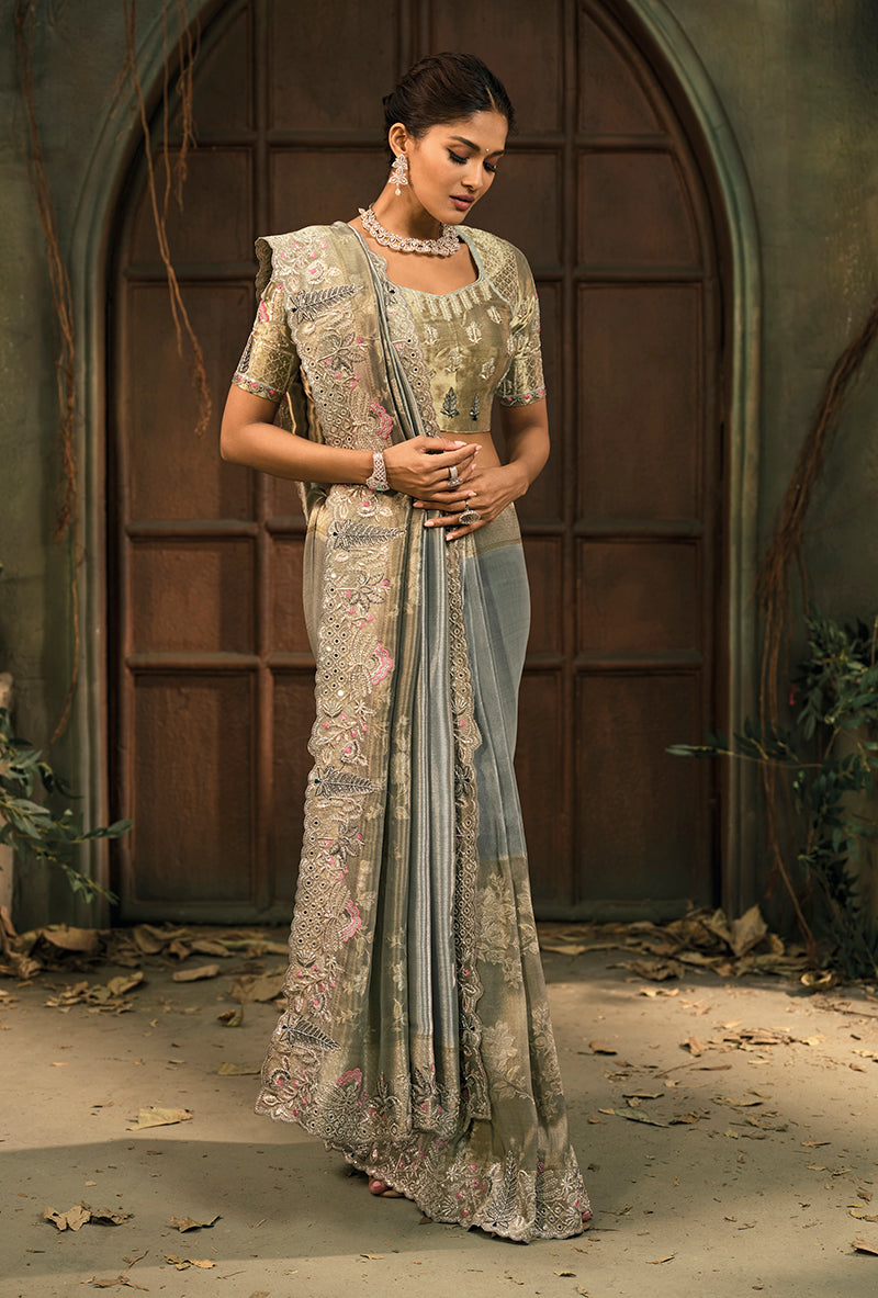 Monjolika Fashion Grey Silk Blend Saree With Embroidered Jari And Cut-Dana Work