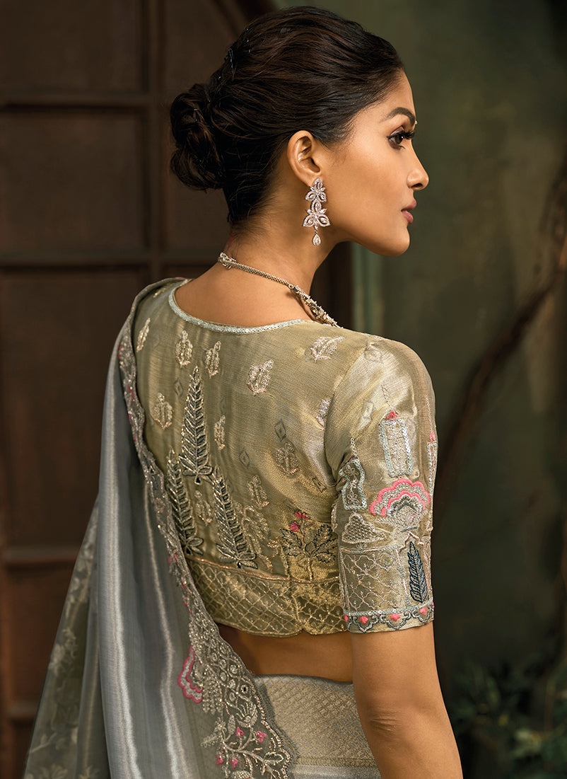 Monjolika Fashion Grey Silk Blend Saree With Embroidered Jari And Cut-Dana Work
