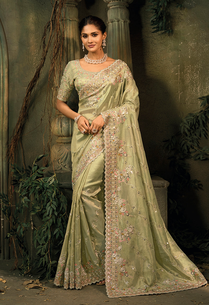 Monjolika Fashion Pista Green Silk Blend Saree With Embroidered Jari And Cut-Dana Work