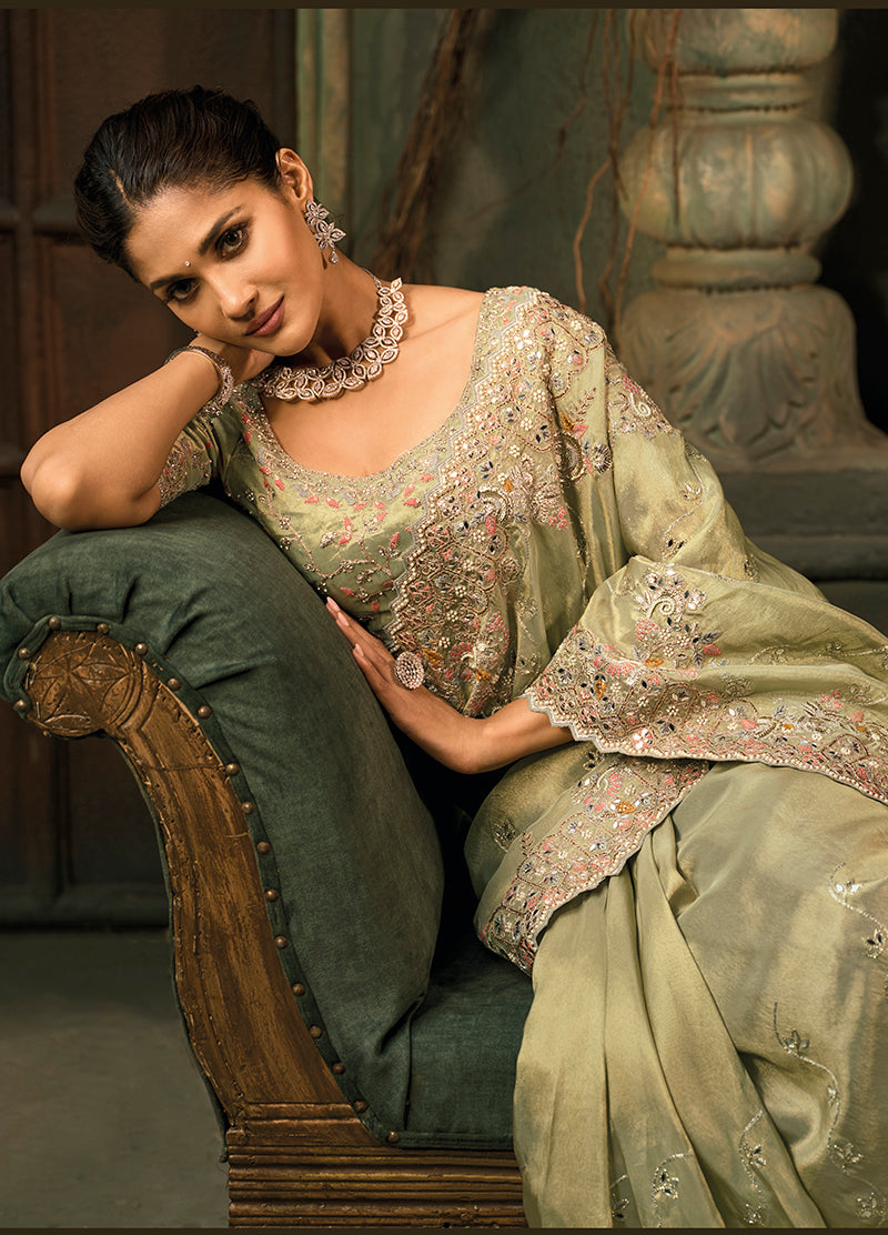 Monjolika Fashion Pista Green Silk Blend Saree With Embroidered Jari And Cut-Dana Work