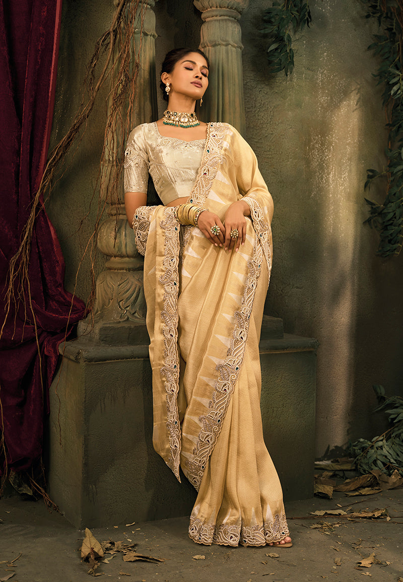 Monjolika Fashion Beige Silk Blend Saree With Embroidered Jari And Cut-Dana Work
