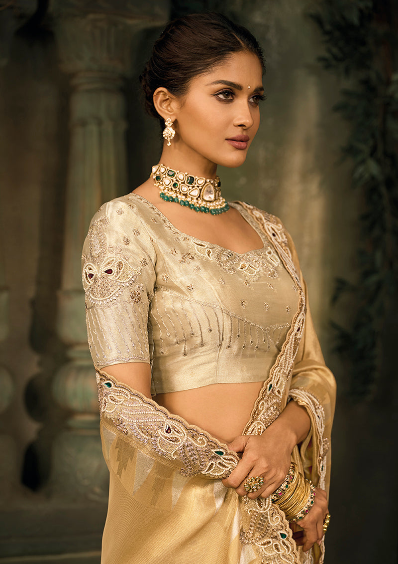Monjolika Fashion Beige Silk Blend Saree With Embroidered Jari And Cut-Dana Work