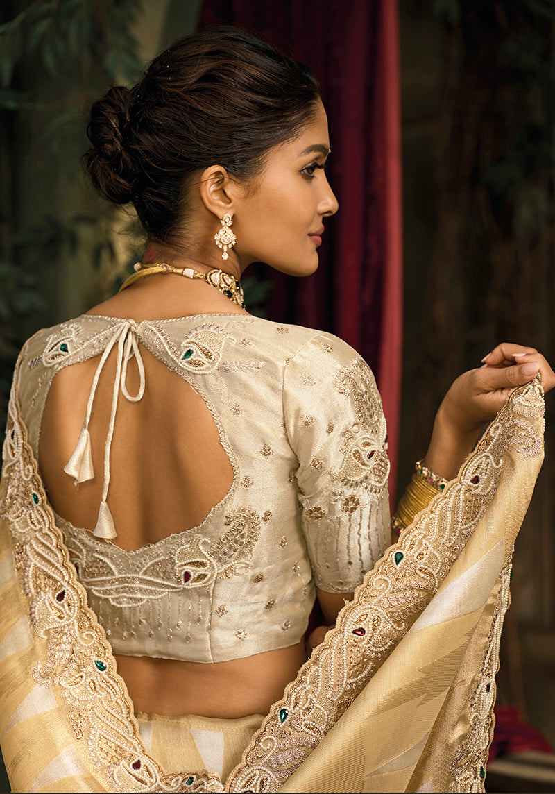Monjolika Fashion Beige Silk Blend Saree With Embroidered Jari And Cut-Dana Work