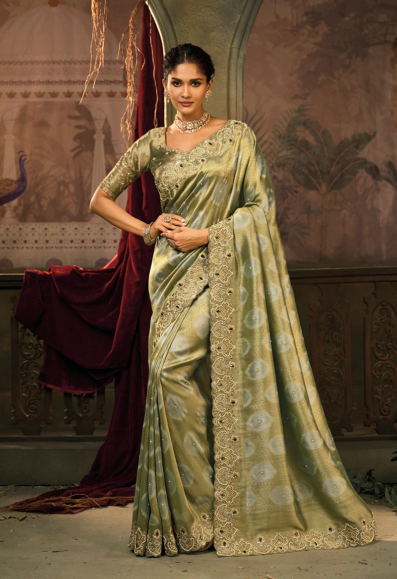 Monjolika Fashion Olive Green Silk Blend Saree With Embroidered Jari And Cut-Dana Work